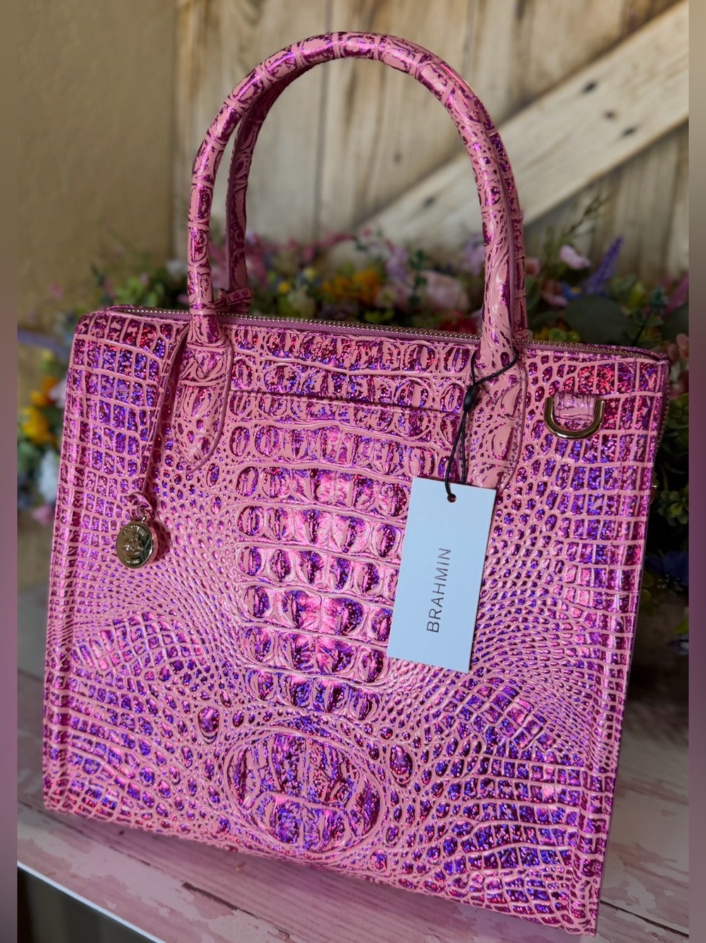 NWT Brahmin Caroline Empower Melbourne Leather Pink Purple sparkle FIRM $ 2 EYES - Picture 3 of 16
